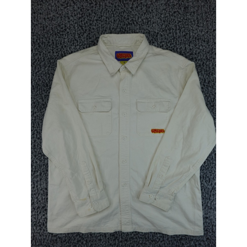 Empyre Mens Large Cream Twill Long Sleeve Button Up Shirt Embroidered Logo Skate
